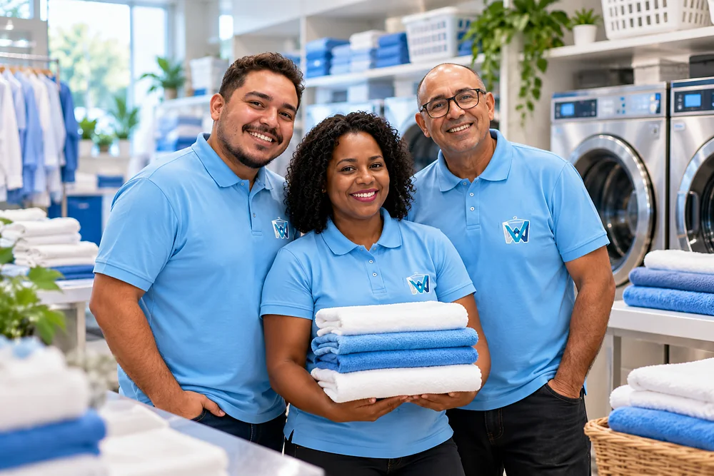 Equipe sorridente da WM Lavanderia com uniformes azuis segurando toalhas na lavanderia em Vitória - ES