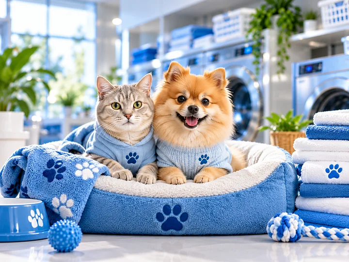 Gato e cachorro em caminha azul higienizada, com mantas e brinquedos pet limpos