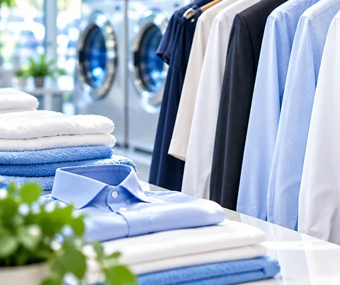 Camisas sociais azuis e brancas lavadas e passadas, dobradas com cuidado
